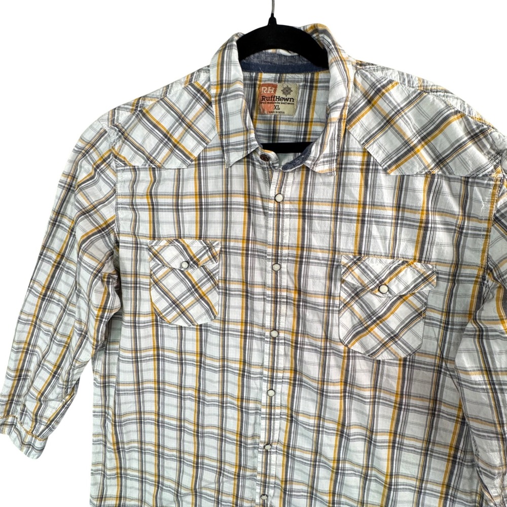 Ruff Hewn XL Plaid Western Snap Shirt White Yellow‎ Gray Long Sleeve Mens